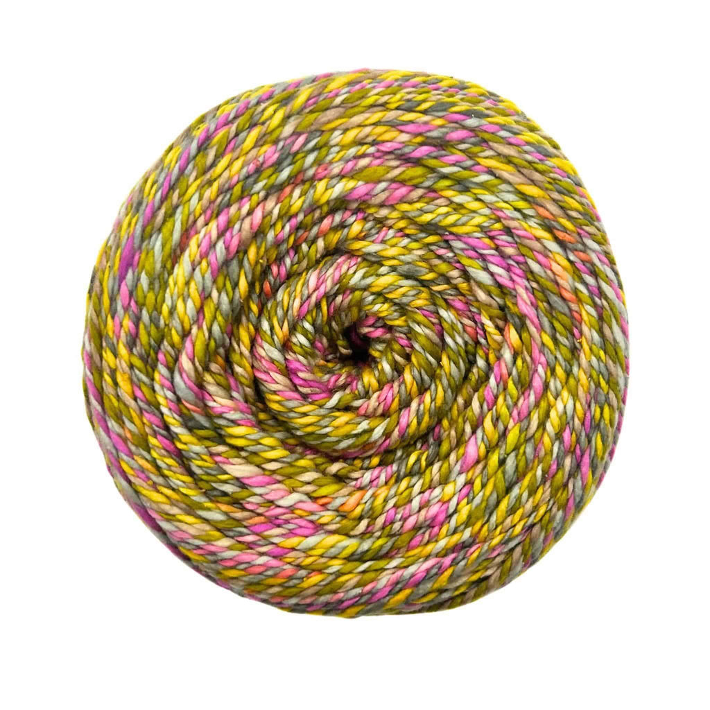 Recycled sport-weight silk yarn in Gumdrop colorway